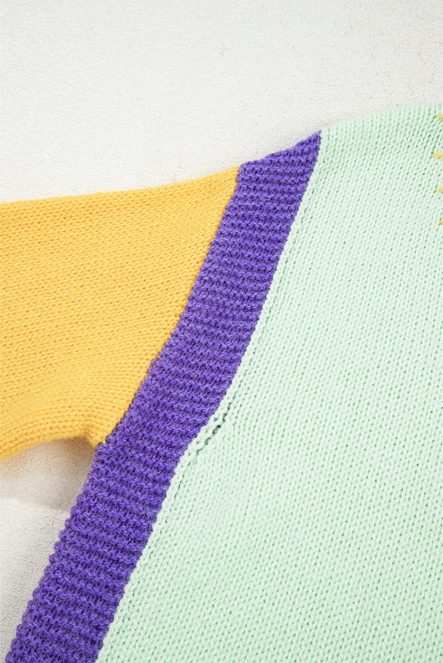 Relaxed Fit Geometric Panel V Neck Knit Sweater