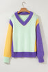 Relaxed Fit Geometric Panel V Neck Knit Sweater