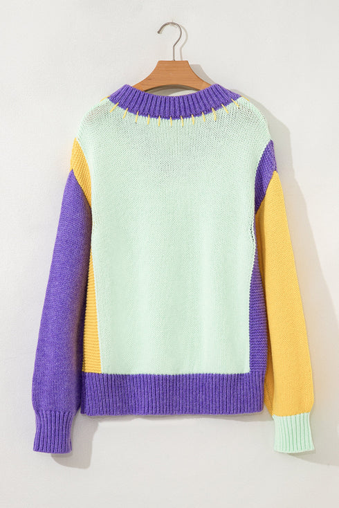 Relaxed Fit Geometric Panel V Neck Knit Sweater