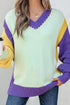 Relaxed Fit Geometric Panel V Neck Knit Sweater