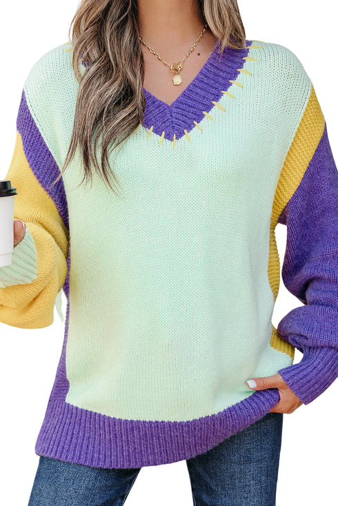 Relaxed Fit Geometric Panel V Neck Knit Sweater