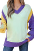 Relaxed Fit Geometric Panel V Neck Knit Sweater