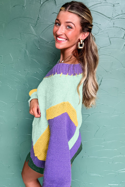 Relaxed Fit Geometric Panel V Neck Knit Sweater