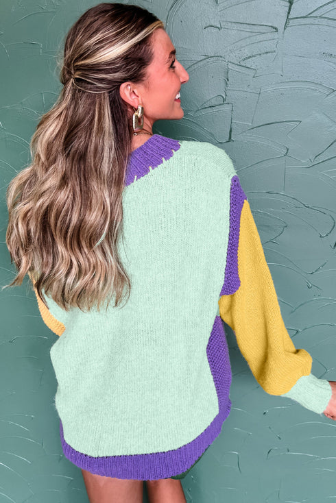 Relaxed Fit Geometric Panel V Neck Knit Sweater