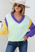 Relaxed Fit Geometric Panel V Neck Knit Sweater