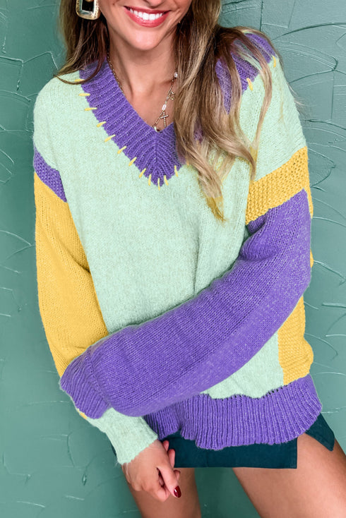 Relaxed Fit Geometric Panel V Neck Knit Sweater
