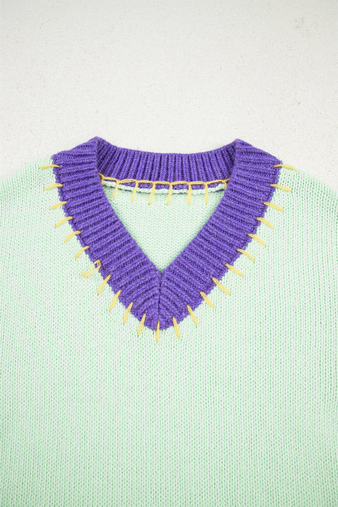Relaxed Fit Geometric Panel V Neck Knit Sweater