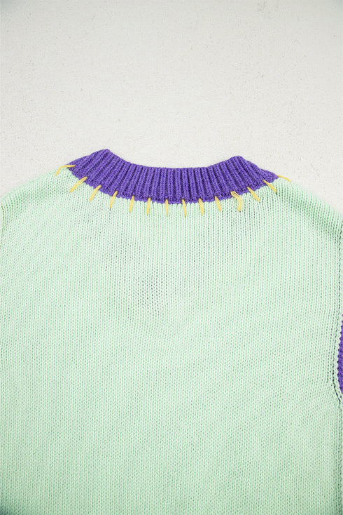 Relaxed Fit Geometric Panel V Neck Knit Sweater