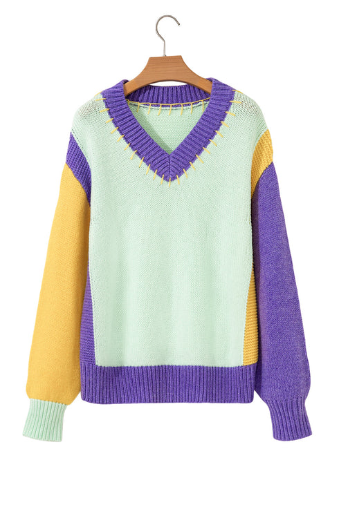 Relaxed Fit Geometric Panel V Neck Knit Sweater