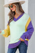 Relaxed Fit Geometric Panel V Neck Knit Sweater