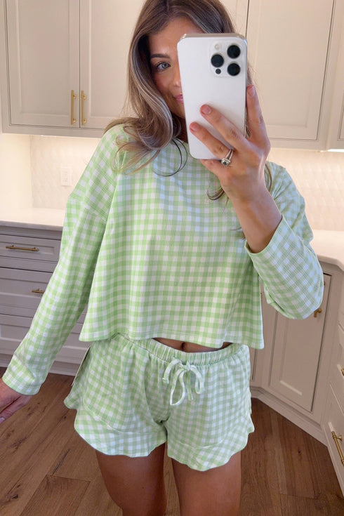 Relaxed Fit Gingham Long Sleeve And Shorts Lounge Set