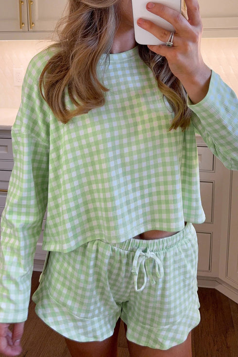 Relaxed Fit Gingham Long Sleeve And Shorts Lounge Set