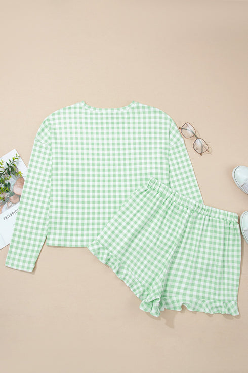 Relaxed Fit Gingham Long Sleeve And Shorts Lounge Set