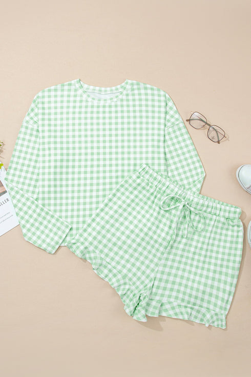 Relaxed Fit Gingham Long Sleeve And Shorts Lounge Set