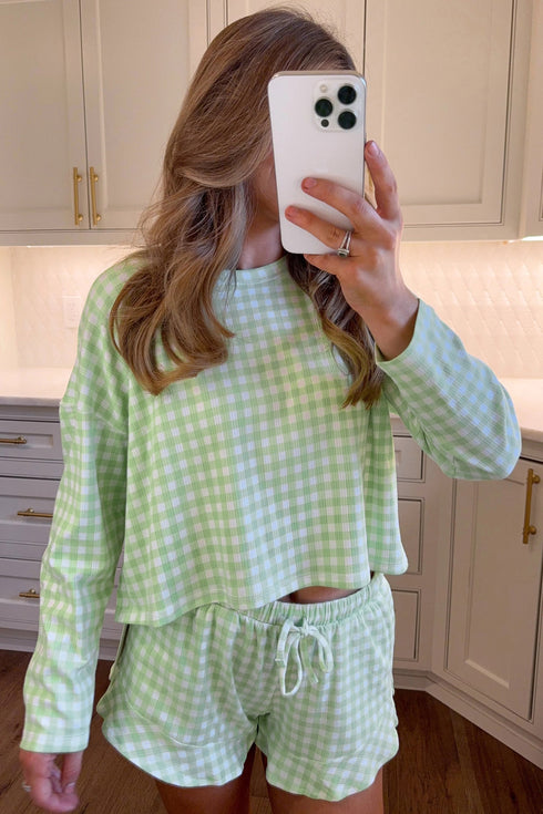 Relaxed Fit Gingham Long Sleeve And Shorts Lounge Set