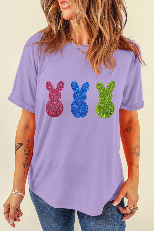 Relaxed Fit Glitter Bunny Graphic Short Sleeve Shirt