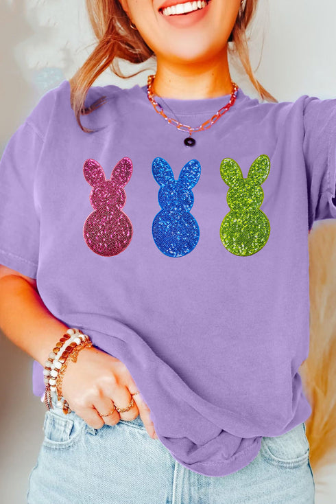 Relaxed Fit Glitter Bunny Graphic Short Sleeve Shirt