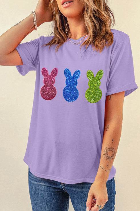 Relaxed Fit Glitter Bunny Graphic Short Sleeve Shirt