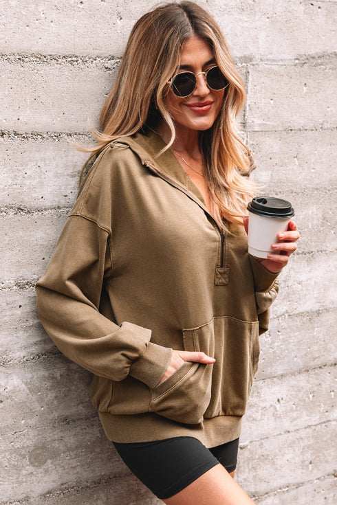 Relaxed Fit Half Zip Kangaroo Pocket Pullover