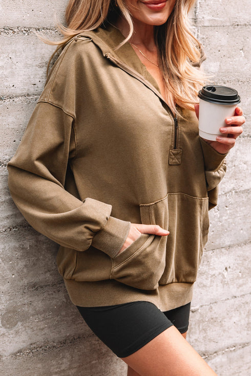 Relaxed Fit Half Zip Kangaroo Pocket Pullover