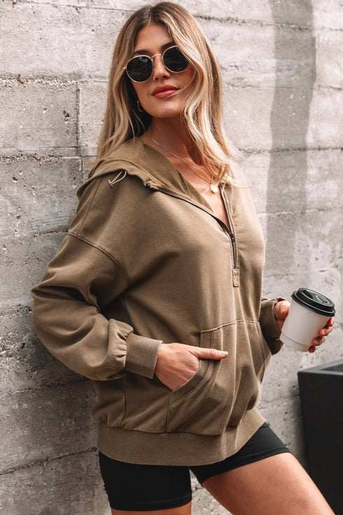 Relaxed Fit Half Zip Kangaroo Pocket Pullover