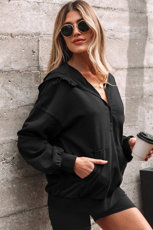 Relaxed Fit Half Zip Kangaroo Pocket Pullover