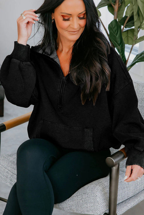 Relaxed Fit Half Zip Kangaroo Pocket Pullover
