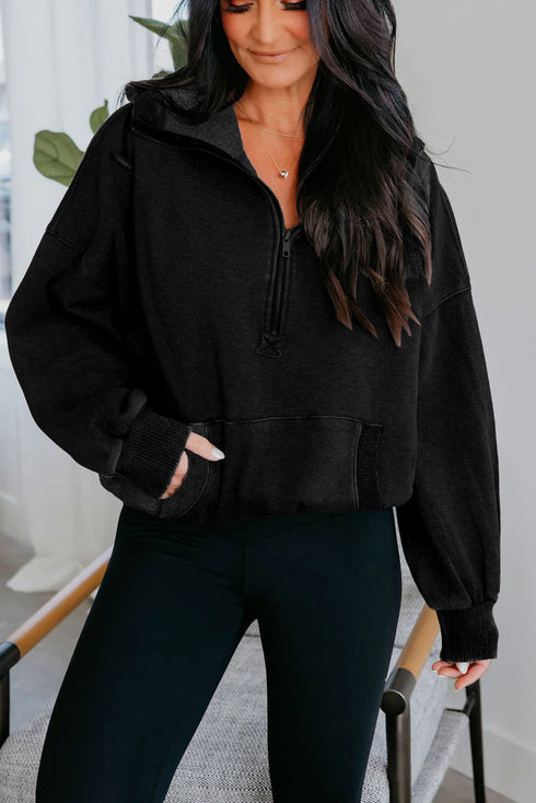 Relaxed Fit Half Zip Kangaroo Pocket Pullover
