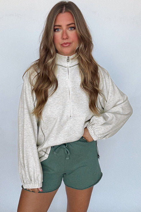 Relaxed Fit Half Zip Stand Collar Long Sleeve Top