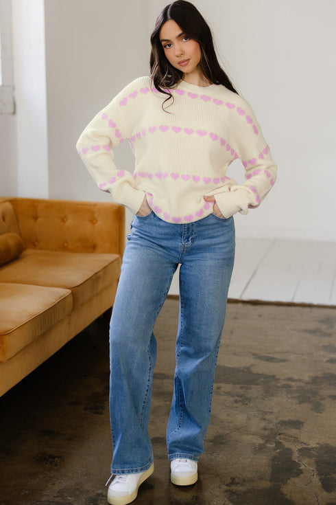 Relaxed Fit Heart Pattern Crew Neck Sweater