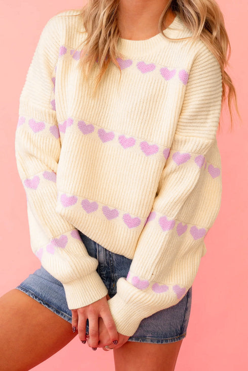 Relaxed Fit Heart Pattern Crew Neck Sweater