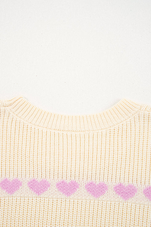 Relaxed Fit Heart Pattern Crew Neck Sweater
