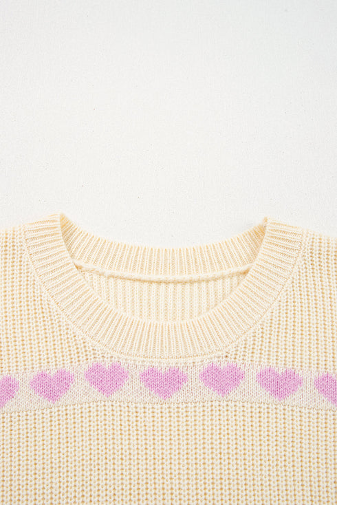 Relaxed Fit Heart Pattern Crew Neck Sweater