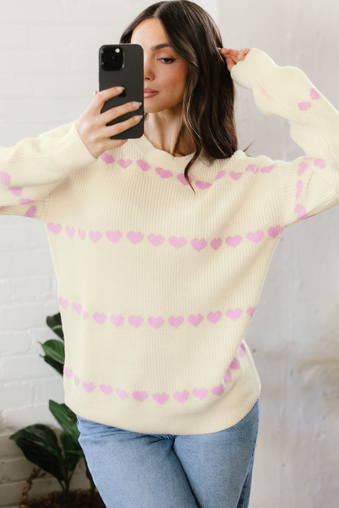 Relaxed Fit Heart Pattern Crew Neck Sweater