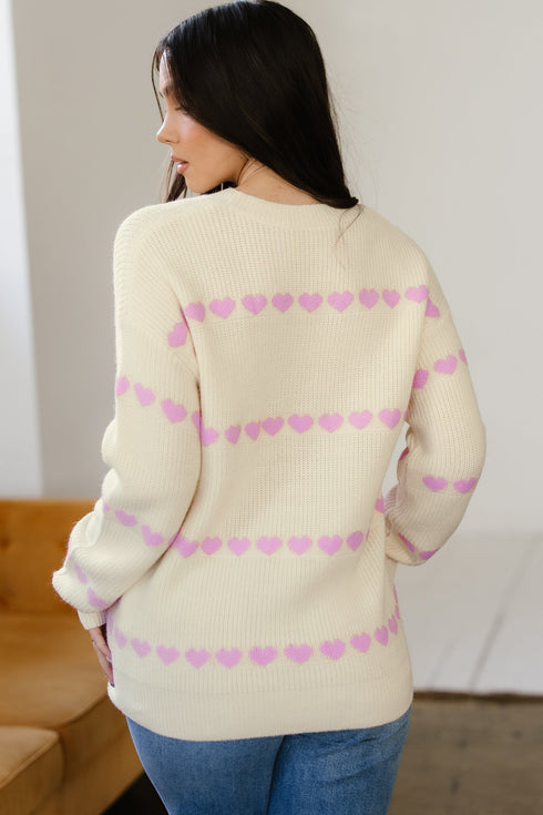 Relaxed Fit Heart Pattern Crew Neck Sweater