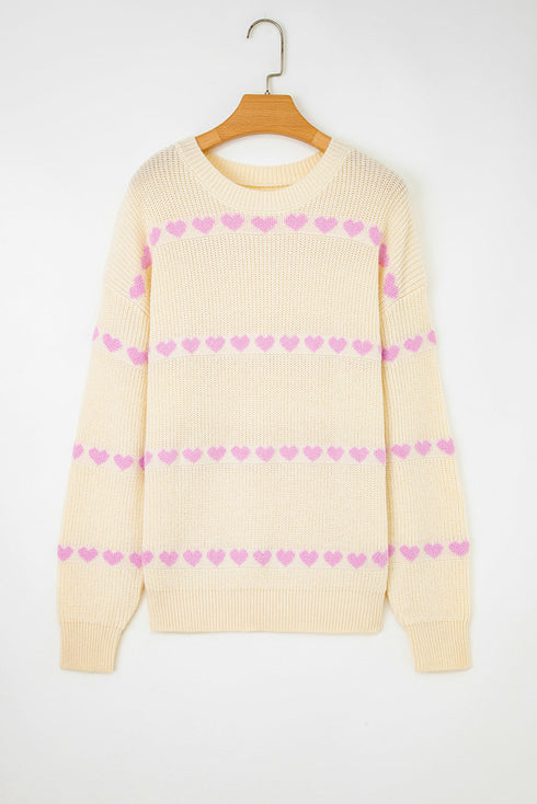 Relaxed Fit Heart Pattern Crew Neck Sweater