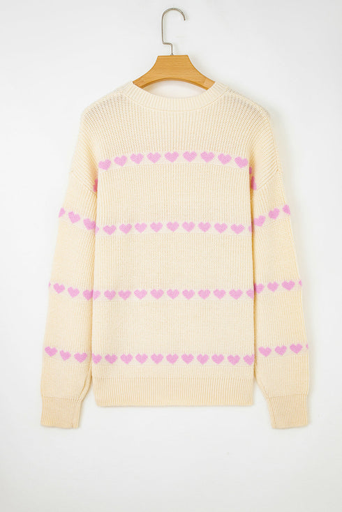 Relaxed Fit Heart Pattern Crew Neck Sweater