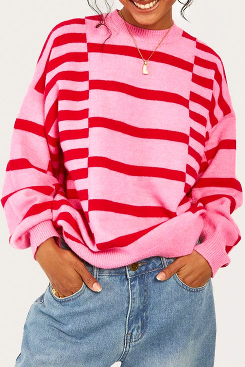 Relaxed Fit Horizontal Striped Crew Neck Pullover Sweater