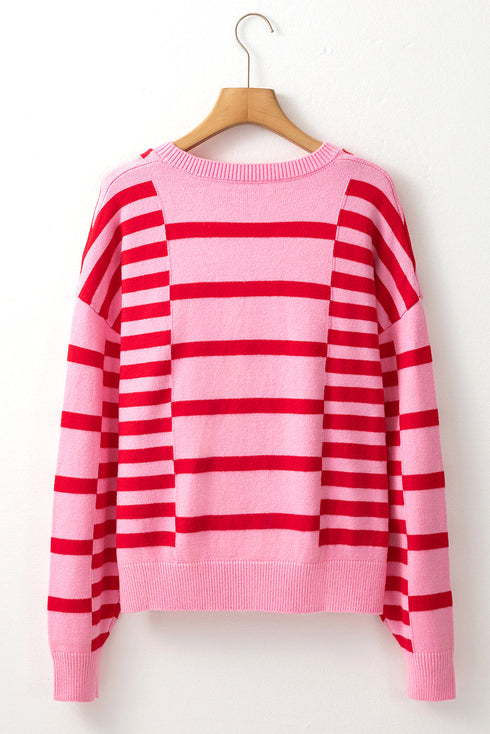 Relaxed Fit Horizontal Striped Crew Neck Pullover Sweater