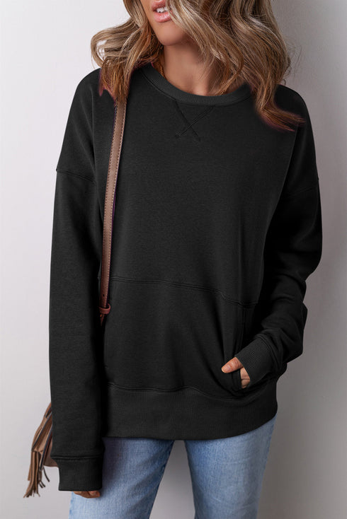 Relaxed Fit Kangaroo Pocket Crew Neck Pullover Sweatshirt