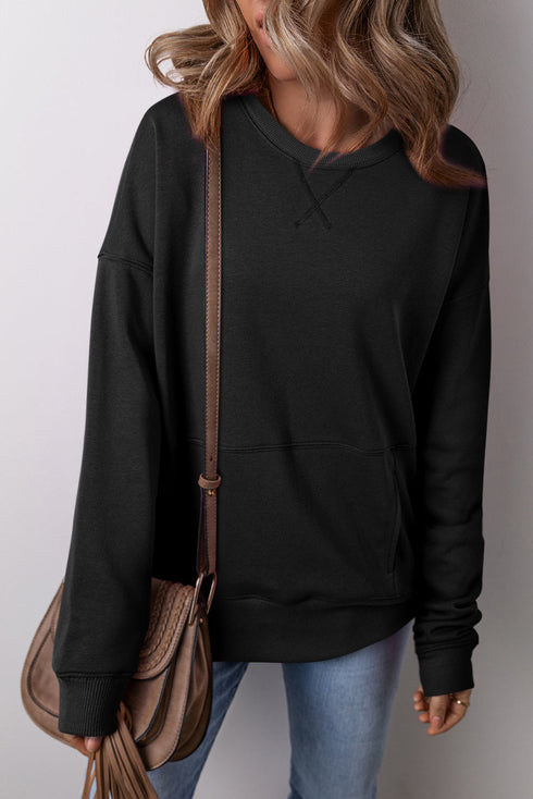 Relaxed Fit Kangaroo Pocket Crew Neck Pullover Sweatshirt