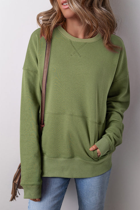 Relaxed Fit Kangaroo Pocket Crew Neck Pullover Sweatshirt