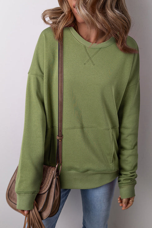 Relaxed Fit Kangaroo Pocket Crew Neck Pullover Sweatshirt