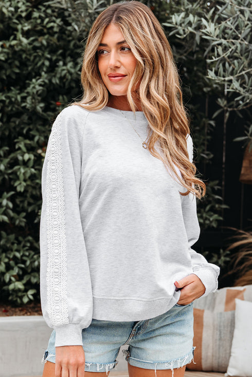 Relaxed Fit Lace Sleeve Detail Crew Neck Sweatshirt