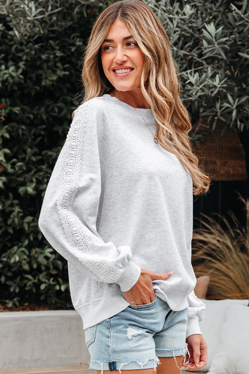 Relaxed Fit Lace Sleeve Detail Crew Neck Sweatshirt