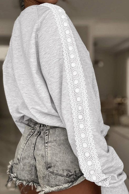 Relaxed Fit Lace Sleeve Detail Crew Neck Sweatshirt
