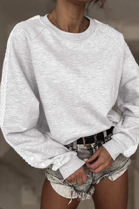 Relaxed Fit Lace Sleeve Detail Crew Neck Sweatshirt