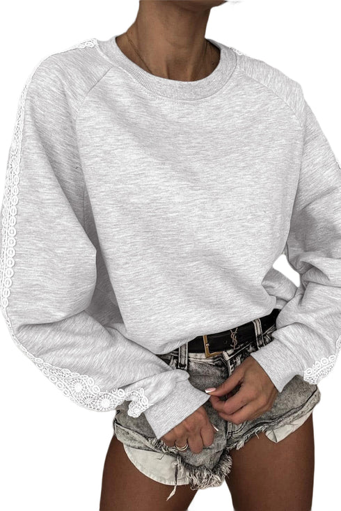 Relaxed Fit Lace Sleeve Detail Crew Neck Sweatshirt