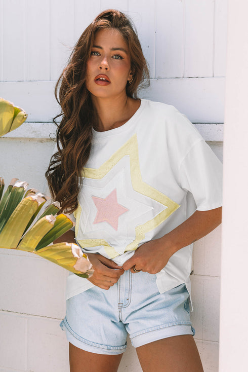 Relaxed Fit Layered Applique Star Graphic Tee
