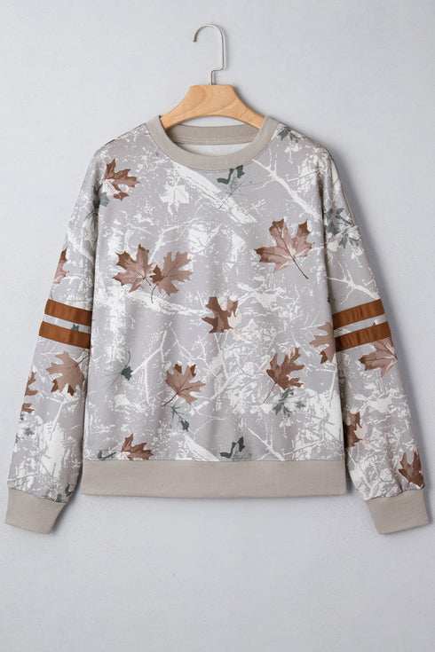 Relaxed Fit Leaf Print Varsity Stripe Pullover Sweatshirt